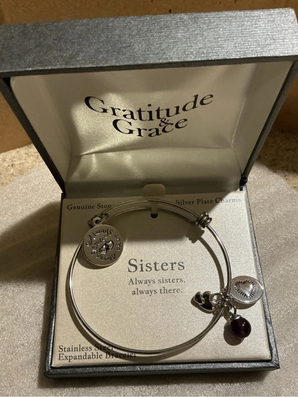Gratitude & Grace Sisters Charm Bracelet Stainless Steel Genuine Stone NEW w/Box